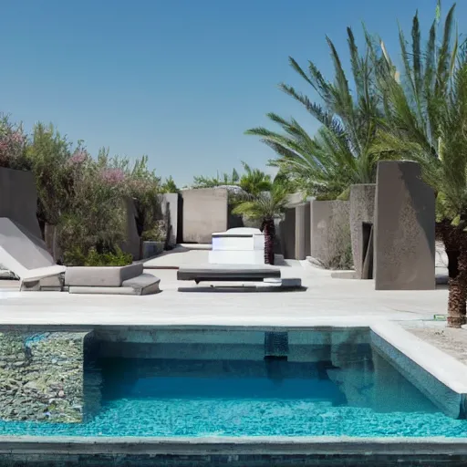 Image similar to habitat 6 7 in the desert, biophilia mood, pool, garden