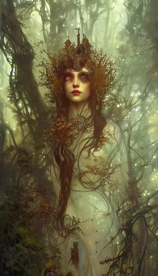 Image similar to spaceship concept art, lush forest, magic, gnarly details, gold, gems, dramatic lighting, denoised, painted by tom bagshaw, alphonse mucha