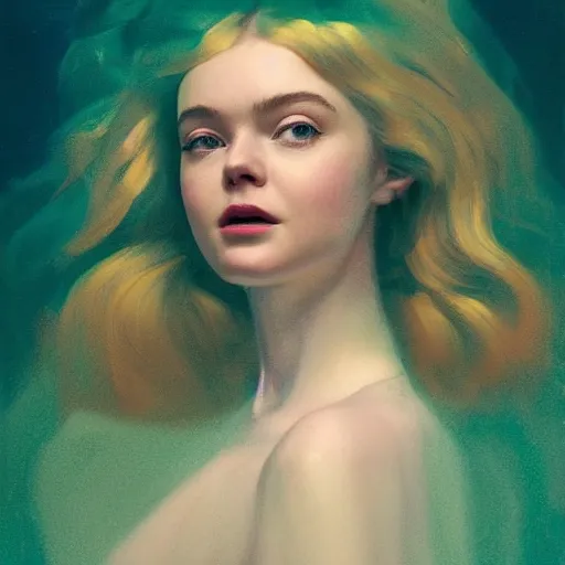 Prompt: Elle Fanning wearing a teal baclava in the style of Paola Vetri, head and shoulders portrait, stormy weather, extremely detailed masterpiece, oil on canvas, low-key neon lighting, artstation, Blade Runner 2049, Roger Deakin’s cinematography, by J. C. Leyendecker and Peter Paul Rubens and Edward Hopper and Michael Sowa,