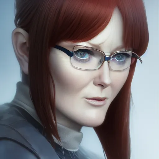 Prompt: juliane moore by Range Murata, Katsuhiro Otomo, Yoshitaka Amano, and Artgerm. 3D shadowing effect, 8K resolution