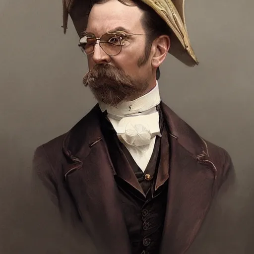 Image similar to portrait of a victorian gentleman with a monocle, fantasy, intricate, elegant, highly detailed, digital painting, artstation, concept art, smooth, sharp focus, illustration, art by artgerm and greg rutkowski and alphonse mucha