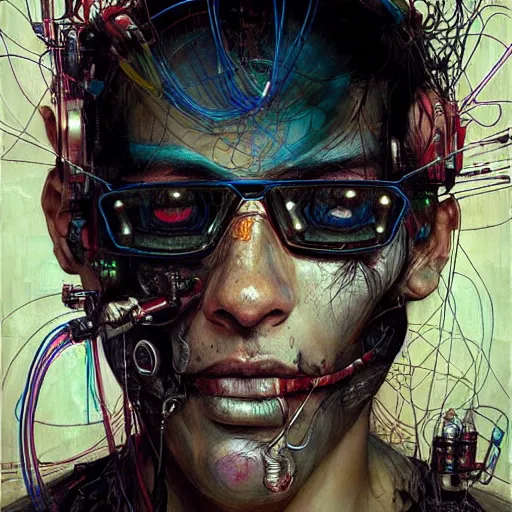 Image similar to male cyberpunk hacker dream thief mayan jaguar warrior, wires cybernetic implants, in the style of adrian ghenie, esao andrews, jenny saville, surrealism, dark art by james jean, takato yamamoto