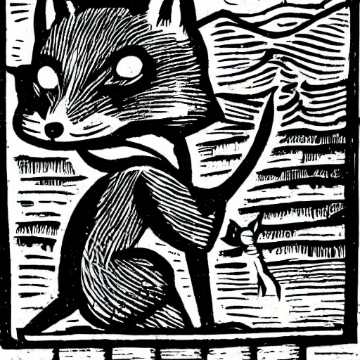 Prompt: anthropomorphic fox doing fieldwork, woodcut