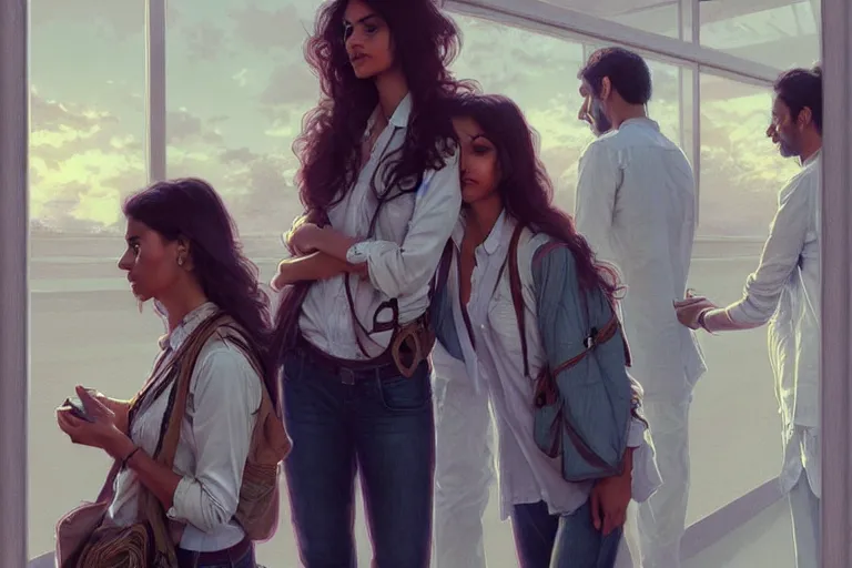 Prompt: Anxious pretty pale young Indian doctors wearing jeans and shirts at the airport, portrait, elegant, intricate, digital painting, artstation, concept art, smooth, sharp focus, illustration, art by artgerm and greg rutkowski and alphonse mucha