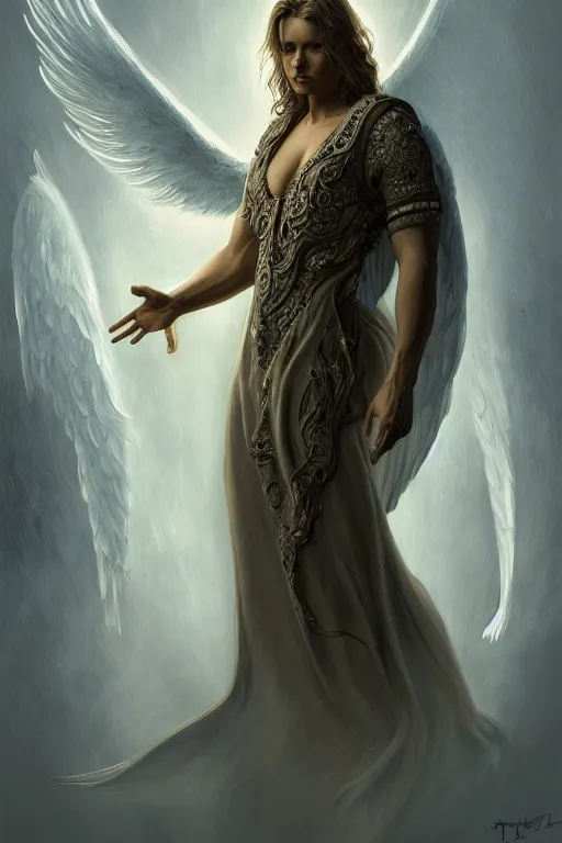 Prompt: Full body potrait of Vesa Matti Loiri as and angel , angel is split in two with smoke, fantasy, intricate, elegant, highly detailed, digital painting, artstation, concept art, smooth, sharp focus, illustration, art by Ilja Repin