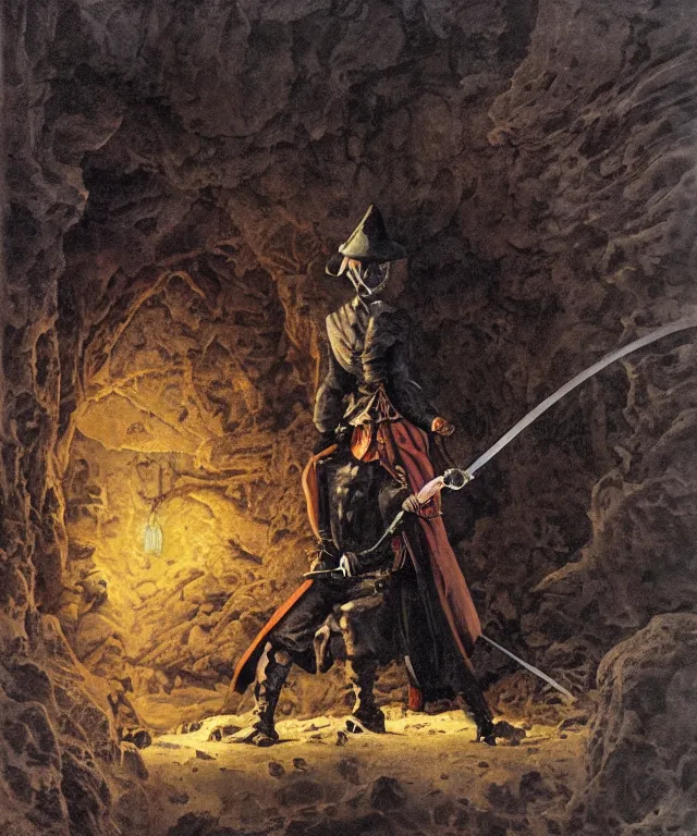 Prompt: ultra realistic color portrait painting of an ghostly 1 7 th century pirate with a sword in a grotto, dark, painted, brooding, atmospheric, seascape, lovecraft, horror, smooth, epic, highly detailed, cinematic, by angus mcbride