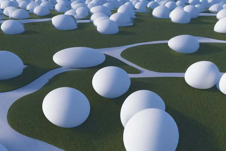 Prompt: 2 0 white round soft egg shaped buildings intersect up and down to form a post - modern building, by pierre bernard, on the calm lake, people's perspective, future, interior wood, dusk, unreal engine highly rendered, global illumination, radial light, internal environment