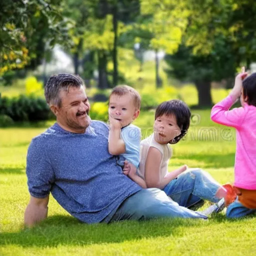 Prompt: high quality stock photo of a man playing in a park with his children, detailed