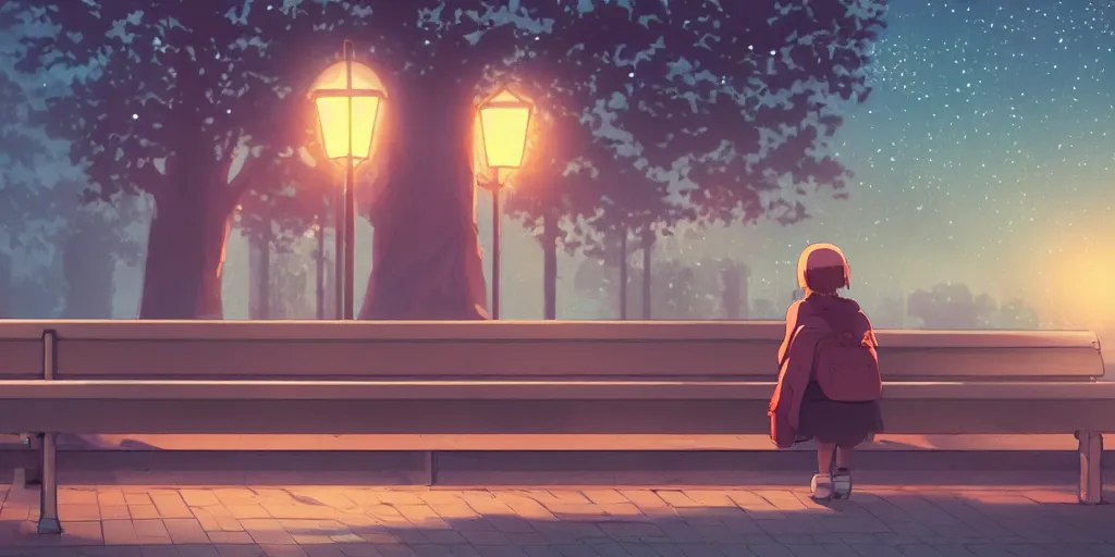 Prompt: lonely girl sitting on a bench waiting at a train station, evening, detailed matte painting, low angle view, telephoto lens, bokeh, studio ghibli, artstation