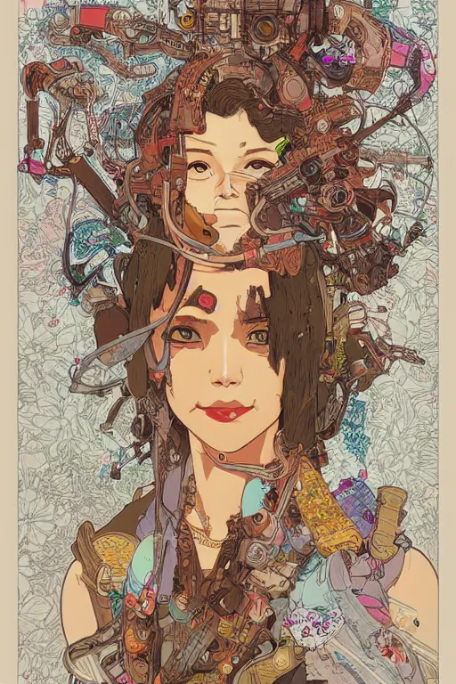 Image similar to beautiful cyborg portrait girl female illustration detailed patterns art of thai traditional dress, pop art, splash painting, art by geof darrow, ashley wood, alphonse mucha, makoto shinkai