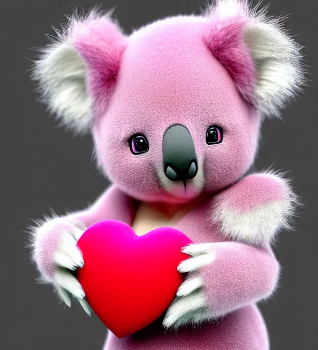 Prompt: high quality 3 d render hyperrealistic very cute small pink koala holding red heart,, plush mascot, short spiky dense fluffy smooth hair, photo from the side, pink fluffy fur, 1 5 0 mm, beautiful natural soft light, rim light, smooth background, artstation, ultra detailed, elegant, ultra detailed, metallic armor, octane render