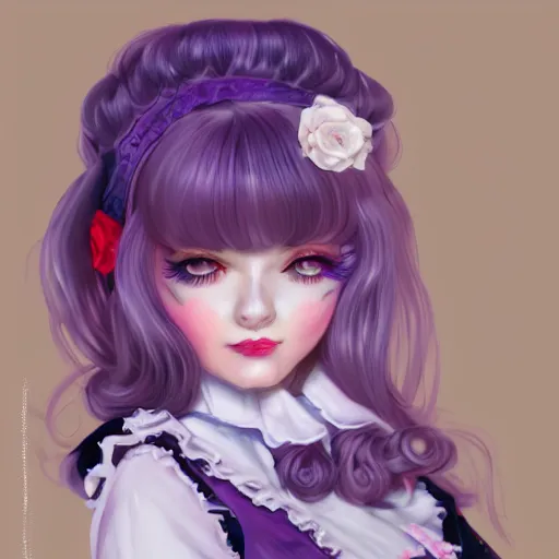 Prompt: a girl wearing lolita clothes, purple lipstick, pigtails, highly detailed, digital painting, artstation, concept art, smooth, sharp focus, illustration