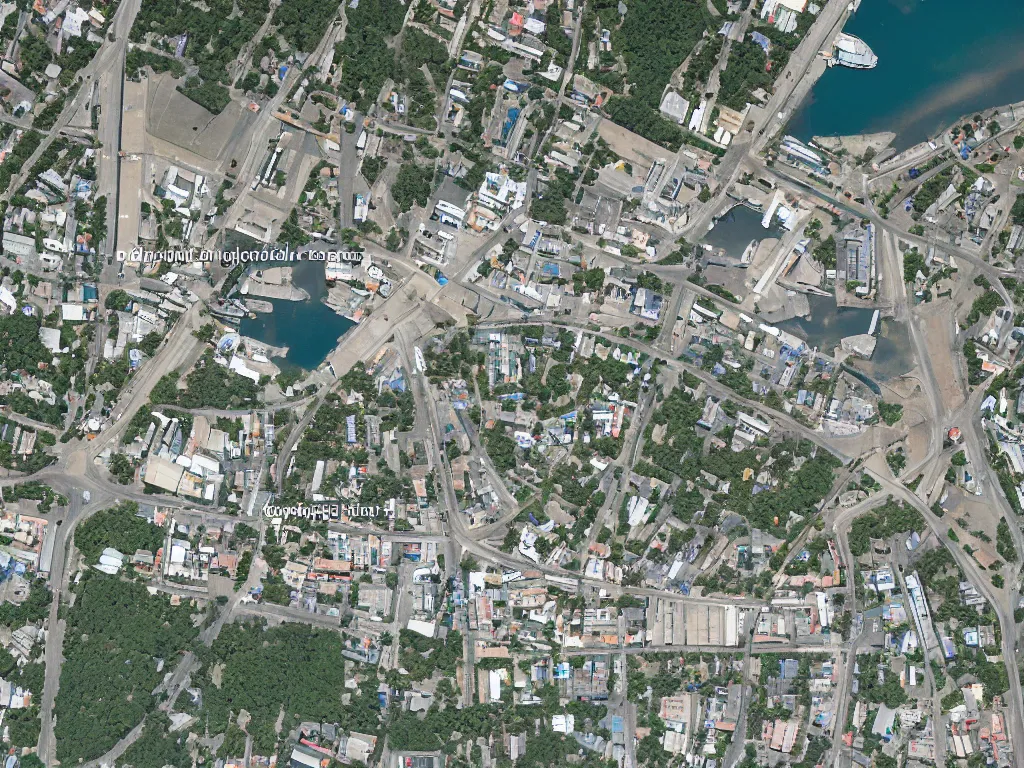 Image similar to satellite imagery of a small city with shops, shipping dock, and beach to the south. a bridge crosses a big lake, with a town hall, marketplace, and towers to the north. there is a field in the middle of the city. small hills and woods north of the city