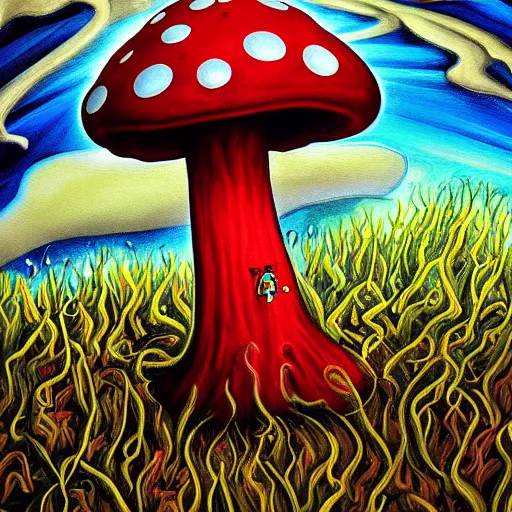 Prompt: a mushroom firefighter, light and shadow, glowing, vivid, detailed painting, by tim burton, high detail, trending on artsation, masterpiece, award winning