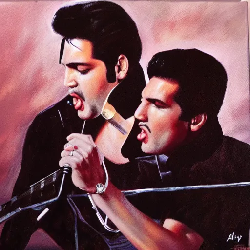 Image similar to elvis presley and freddie mercury singing together, oil painting, trending on art station, 8 k