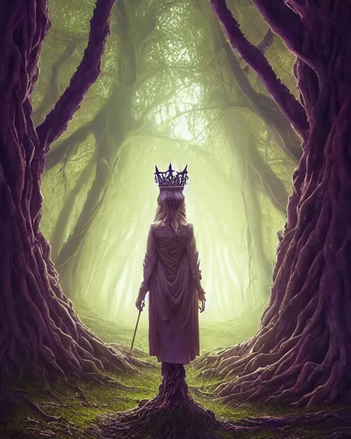 Image similar to highly detailed surreal vfx portrait of a cursed crown in a shadowy forest by a willow tree, stephen bliss, unreal engine, greg rutkowski, loish, rhads, beeple, makoto shinkai and lois van baarle, ilya kuvshinov, rossdraws, tom bagshaw, alphonse mucha, global illumination, detailed and intricate environment