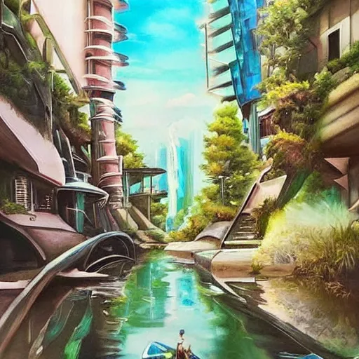 Image similar to Narrow cosy waterway in futuristic sci-fi city in harmony with nature, kayak. Nice colour scheme, soft warm colour. Beautiful detailed painting by Lurid. (2022)