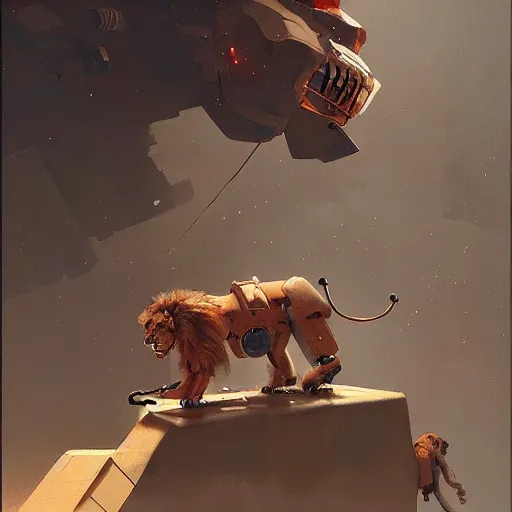 Image similar to a robotic lion , artwork by Sergey Kolesov, detailed, dynamic, cinematic composition