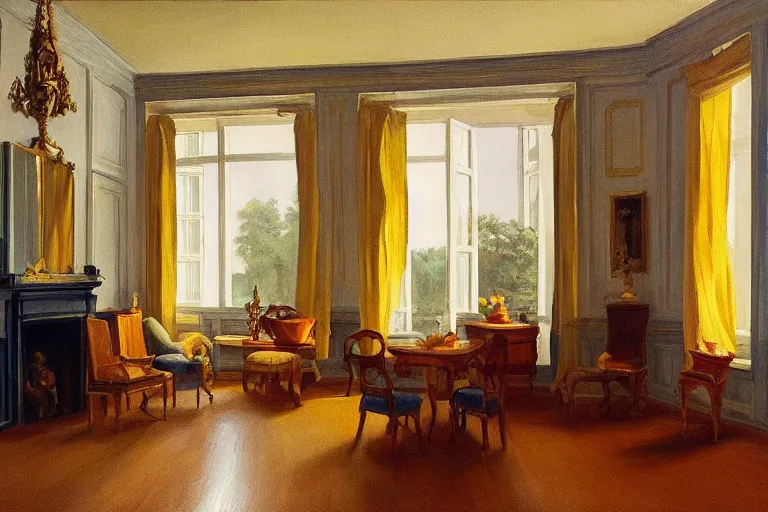 Prompt: beautiful furnished rococo apartment,evening light, in the style of Edward Hopper