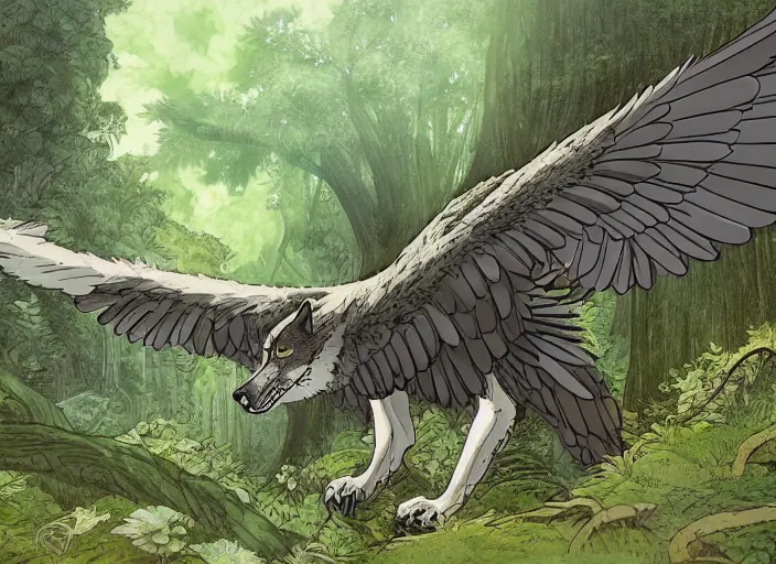 Prompt: a beautiful wolf hawk spreading his wings in a mythical forest next to a pathway, dark eyes, by ghibli studio and miyasaki, illustration, great composition