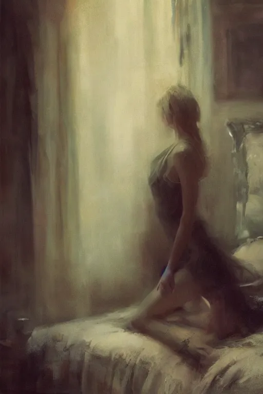 Prompt: detailed cinematic moody colors studio portrait of the memories of a lady in bed, high quality by jeremy mann, only one head single portrait