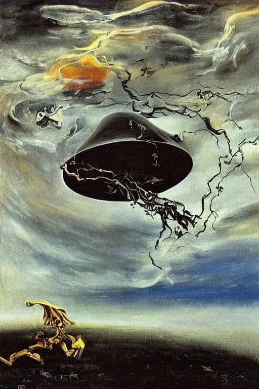 Image similar to a UFO hovering in a stormy sky, on the ground a Skeleton fights with the grim reaper, cinematic lighting, Avantgarde, surrealistic painting with broad messy brushstrokes by Salvator Dali, František Muzika and max ernst