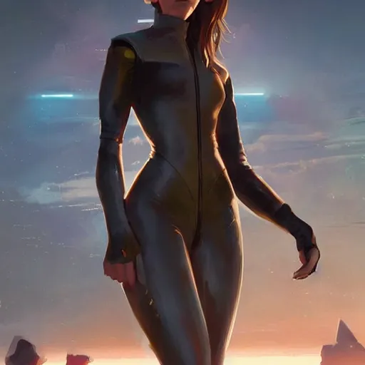 Image similar to a portrait of emma watson wearing skintight dress, futuristic earth in the background as seen by greg rutkowski, light theme, enchanted, warm colors, high quality, waw, trending on artstation