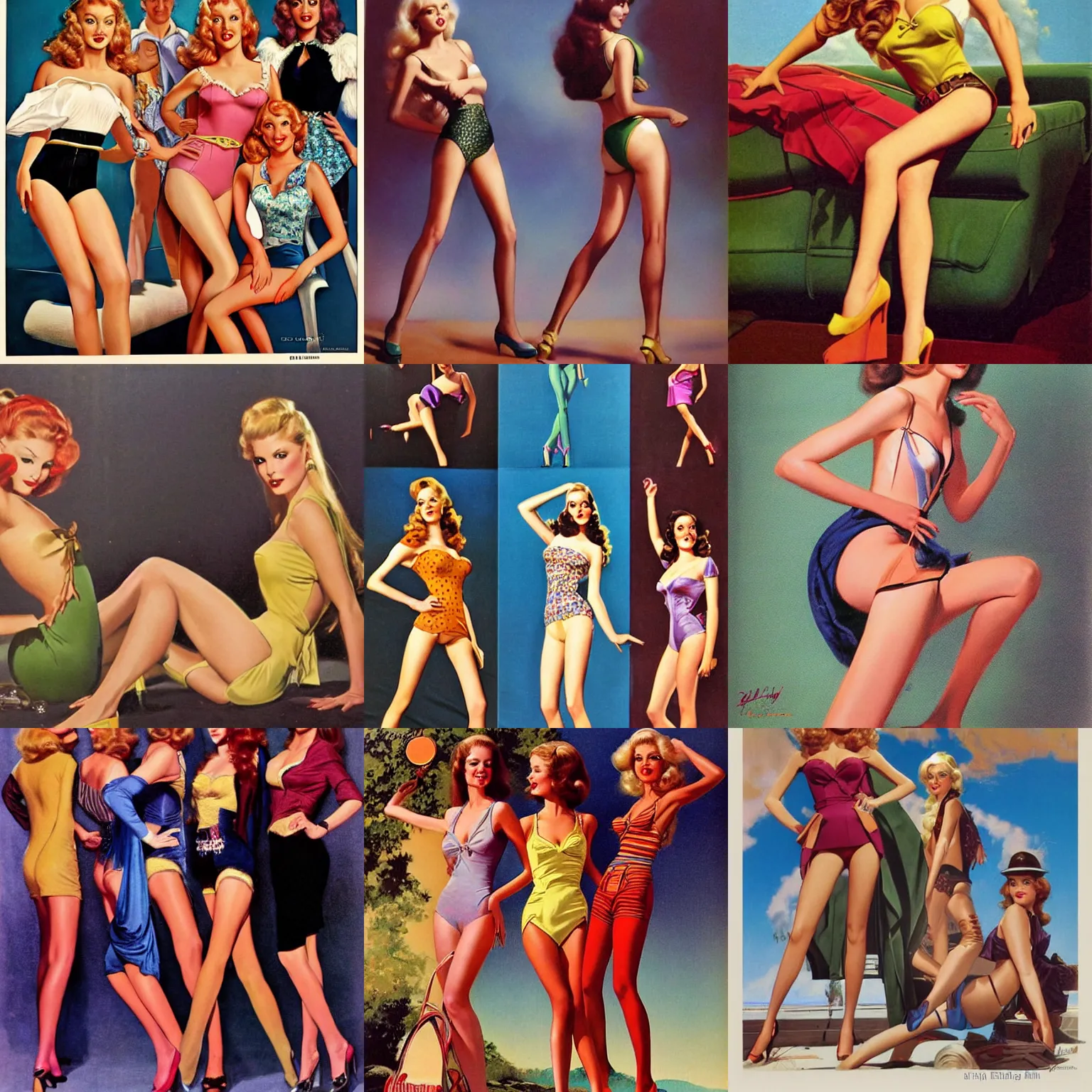 Prompt: 1 9 7 0 s fashion models by gil elvgren, by ralph horsley