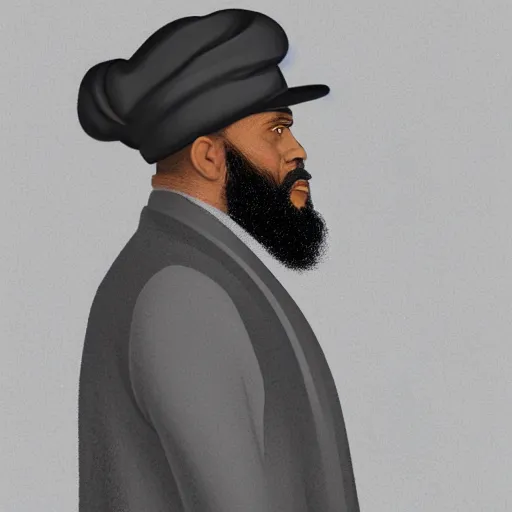 Image similar to a side profile portrait of a handsome urban african-american man with a big dark gray beard, wearing a light gray kufi and a black puffer coat, white background, concept art