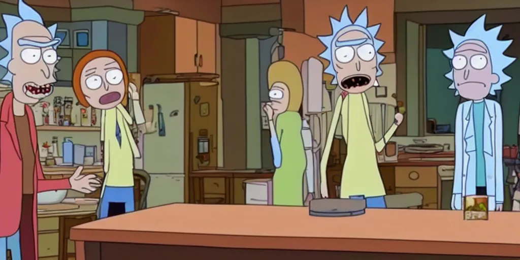 Prompt: movie still of a rick and morty episode of friends