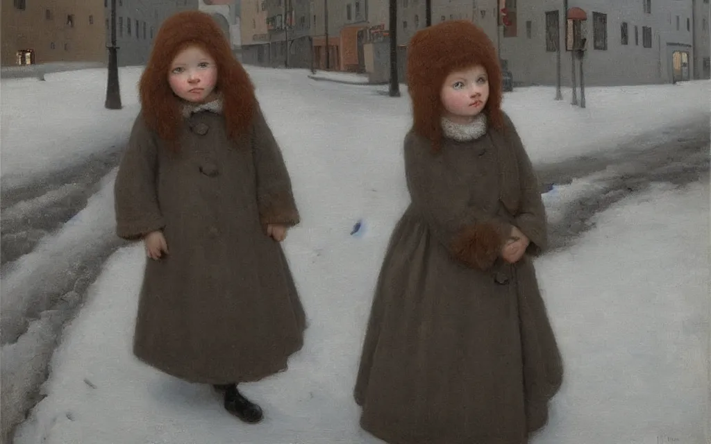 Image similar to a painting of sad little redhead little girl in a winter street in norway, oil on canvas, by hammershoi