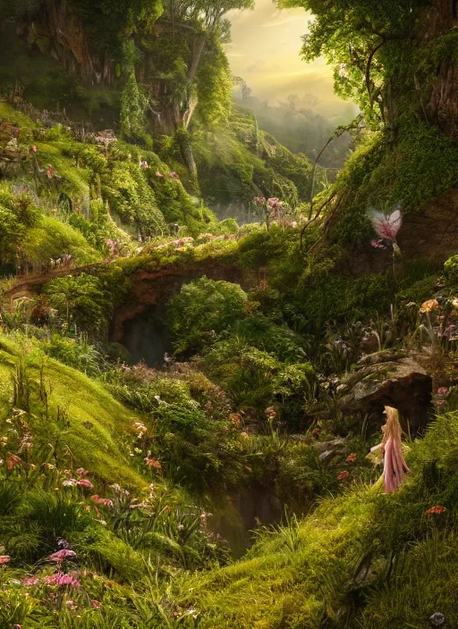 Image similar to a flying faerie in the distance of a lord of the rings scenery landscape, a vast lush valley flowers and wooden structures, stream, sunrise, god's rays highly detailed, vivid color, cinematic lighting, perfect composition, 8 k, gustave dore, derek zabrocki, greg rutkowski, belsinski, octane render