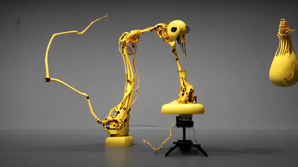 Image similar to a complex bifurcated robotic cnc surgical arm hybrid 3 d printer machine making organic ceramic kintsugi mandlebulb forms in the laboratory room, very thin gold wire, film still from the movie directed by denis villeneuve with art direction by salvador dali, wide lens, f 3 2, cinematic lighting, studio quality, smooth render, unreal engine 5 rendered, octane rendered