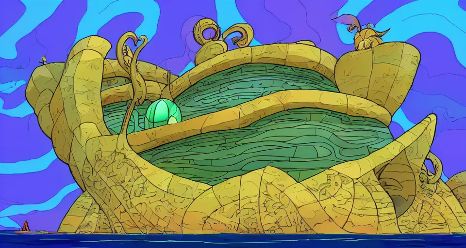 Image similar to giant abalone - shaped seashell house in the ocean by dr seuss, ralph mcquarrie, in the style of zelda windwaker, triadic color scheme, cell shading, 3 d