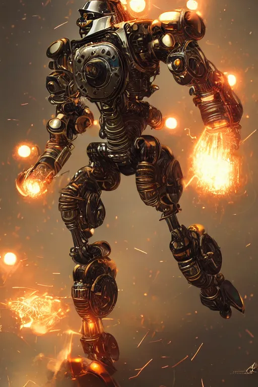 Image similar to chrome colored steampunk robot with electric particle effects, dynamic, action pose, digital painting, WLOP, trending on artstation, 8k, epic composition, highly detailed, sharp focus
