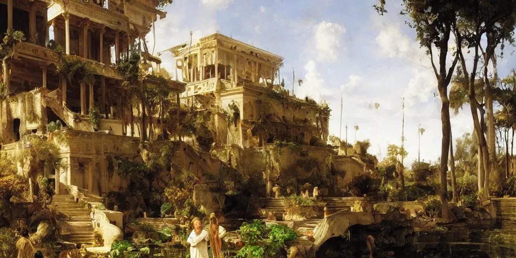 Image similar to beautiful landscape oil matte painting, of bustling empire hanging gardens of babylon, art by anders zorn, wonderful masterpiece highly detailed, beautiful cinematic light deep focus, elegant, digital painting, smooth, sharp focus, golden ratio, dramatic illumination, ultra realistic, 8 k, art by artemisia lomi gentileschi and caravaggio