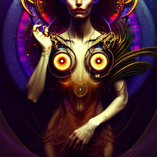 Image similar to extremely psychedelic beautiful cyborg viral goddess infected by night. intricate, elegant, highly detailed, extremely lifelike photorealistic digital painting, artstation. steichen, gaston bussiere, tom bagshaw, cyberpunk alphonse mucha. elegant minimalism. anatomically correct. sharp focus. gold, black accents. surreal lush cosmic hallucination