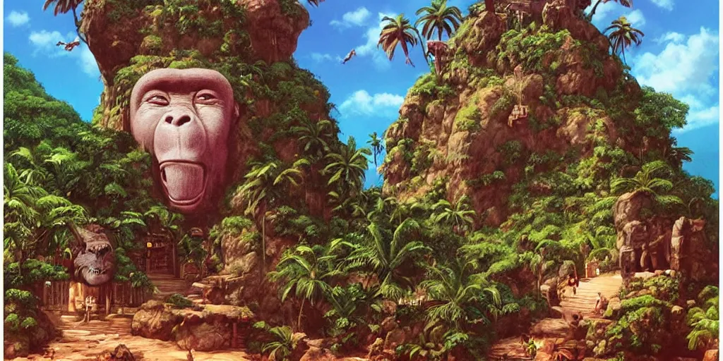 Image similar to ”a huge primitive monkey’s head catved out of stone with a mouth as an entrance to a cave inside, [caribbean, jungle, palm trees, beach, wide angle, side view, cinematic, monkey island, art by wlop and paul lehr]”