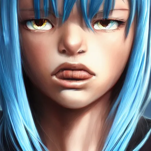 Image similar to profile shot of rimuru tempest, sky blue, straight hair, long bangs, amber eyes, wearing a black jacket!! with white stripes, high collar, highly detailed, unreal engine 5, digital painting, cinematic, wlop | artgerm, pixiv, yoshitaka amano, greg rutkowski, ilya kuvshinov, andy warhol