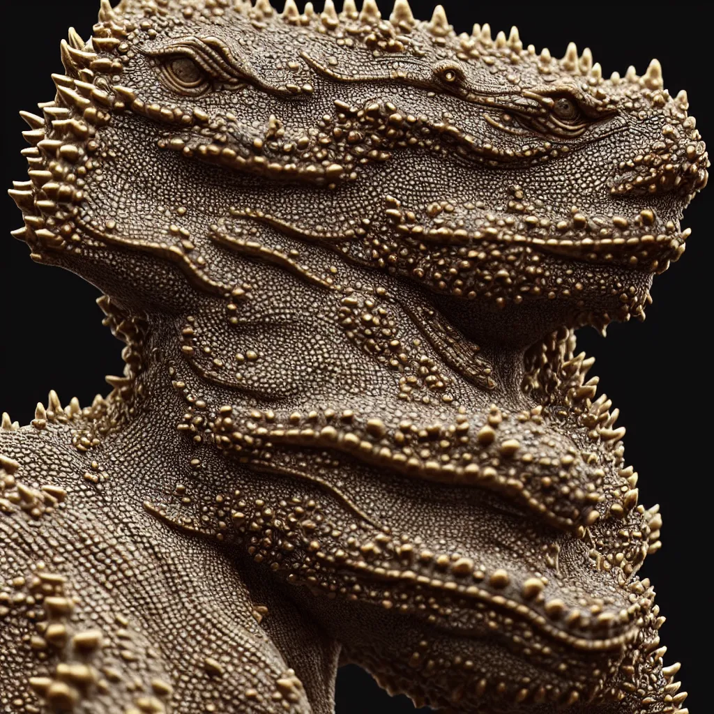 Prompt: a single close up photo - real delicate ceramic porcelain sculpture of an ornate symmetrical godzilla detailed in front of an intricate background by victo ngai and takato yamamoto, micro detail, backlit lighting, face in focus, subsurface scattering, translucent, thin porcelain, octane rendered, colorful, physically based rendering, japanese pottery, trending on cgsociety