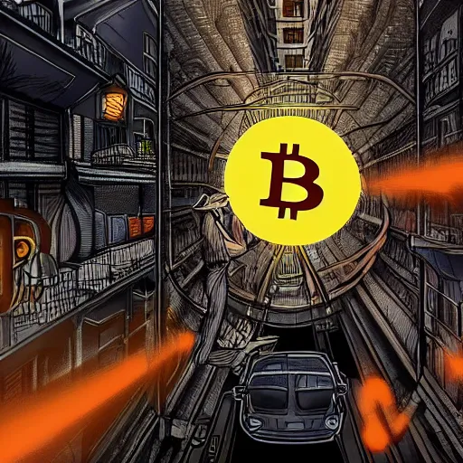 Image similar to bitcoin monster chasing people scared in city, cinematic composition, designed by cointelegraph, hyper - detailed