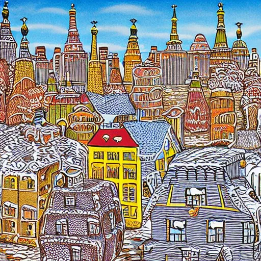Prompt: by david bates ultradetailed. a print of a city made entirely out of kulich, a traditional russian easter bread. the city is bustling with activity. the print is playful & whimsical, with a touch of magic.