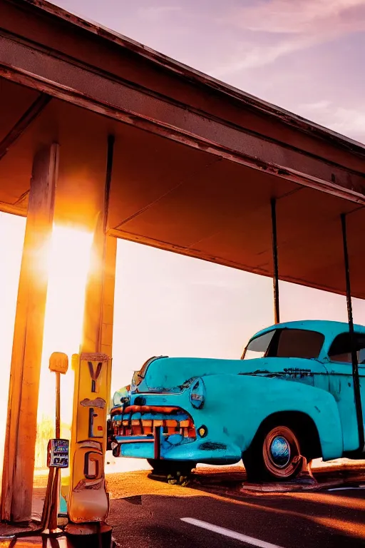 Image similar to a sunset light landscape with historical route 6 6, lots of sparkling details and sun ray ’ s, blinding backlight, smoke, volumetric lighting, colorful, octane, 3 5 mm, abandoned gas station, old rusty pickup - truck, beautiful epic colored reflections, very colorful heavenly, softlight