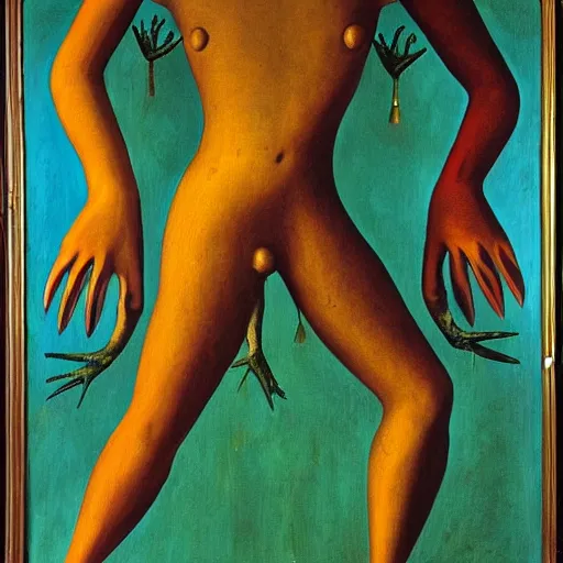 Image similar to a painting of a strange mythical beast with hands replaced by feet and the feet replaced with hands, in the style of Max Ernst