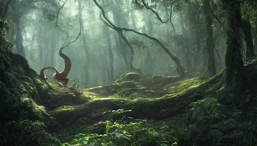 Prompt: A beautiful painting of a Basilisk in a magical forest, ray traced sun light, by greg rutkowski and Kalin Popov , Trending on artstation HD.