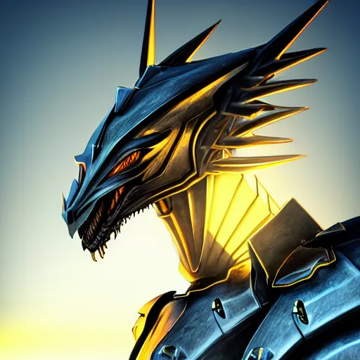 Image similar to epic beautiful bust shot, realistic detailed stunning armored anthropomorphic robot female dragon, doing an elegant pose, looking to the side, sleek streamlined armor and design, sharp claws, Slick LEDs, standing on two legs, on the beach during sunset, high quality, cinematic art, sunset lighting, artstation, deviantart, furaffinity