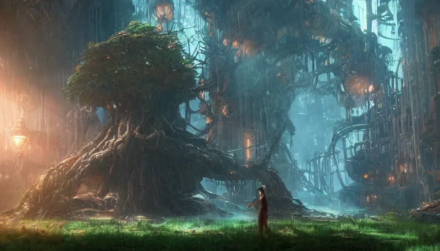 Prompt: craig mullins and ghibli digital illustration of colossal tree inside rapture, bioshock concept art, glass dome, solarpunk, colorful, unreal engine, hyper realism, realistic shading, cinematic composition, realistic render, octane render, detailed textures, photorealistic, wide shot