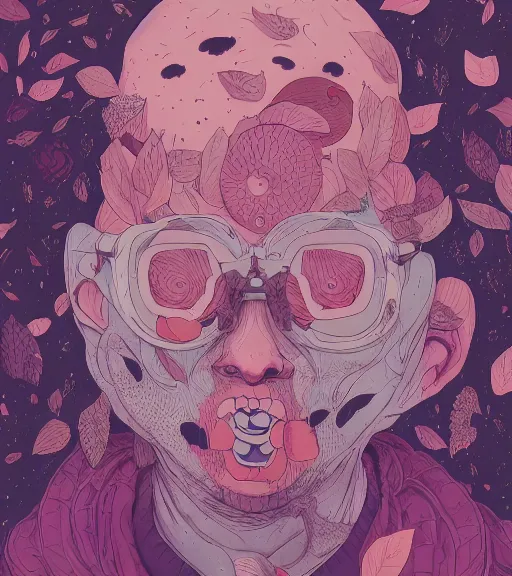 Prompt: portrait, nightmare anomalies, leaves with a boy by miyazaki, violet and pink and white palette, illustration, kenneth blom, mental alchemy, james jean, pablo amaringo, naudline pierre, contemporary art, hyper detailed