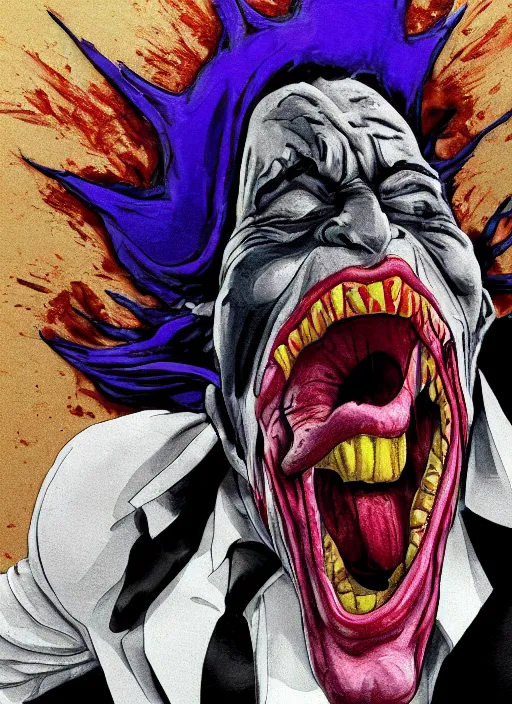 Prompt: A hyper realistic ultra realistic photograph of Alex Jones screaming dressed as the joker by Brandon Hughes , detailed, photorealistic imagery, 8k quality