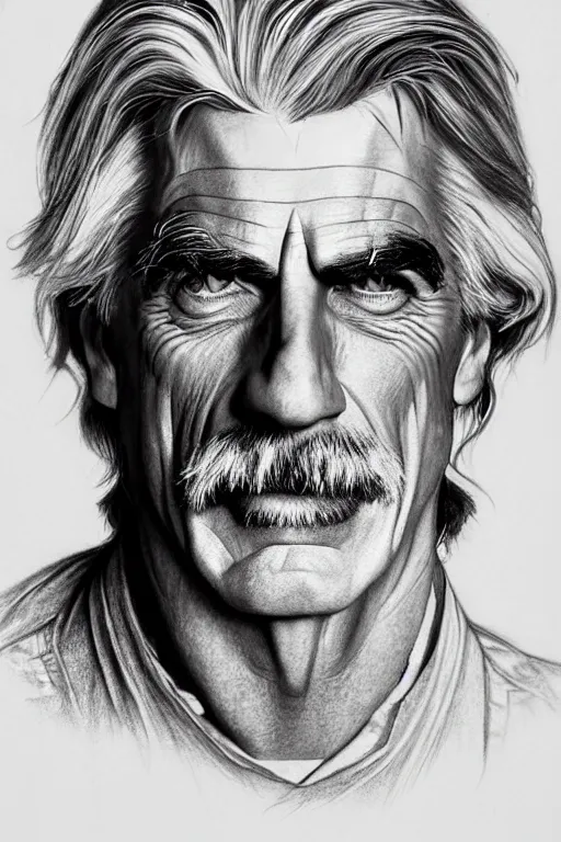 Prompt: hyperrealist pencil sketch of vampire sam elliott by david malan and alphonse mucha, fantasy art, drawing, dynamic lighting, artstation, poster, volumetric lighting, very detailed faces, 4 k, award winning